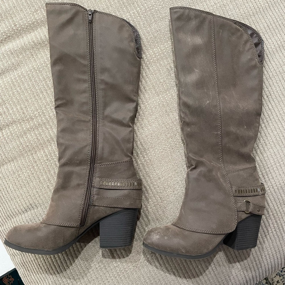 Light brown suede tall boots, 3” heel, never worn, but not in box